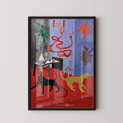 Framed artwork with abstract design on a white wall